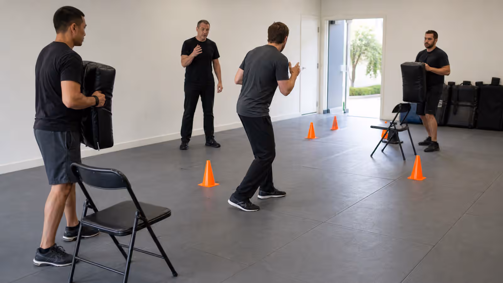 A Krav Maga class practices a controlled multiple-person pressure drill with pads, cones, chairs, and a clear exit lane.