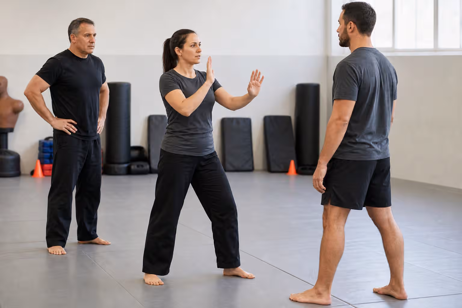 Adult Krav Maga students practicing calm open-hand protective posture at safe distance while an instructor observes.