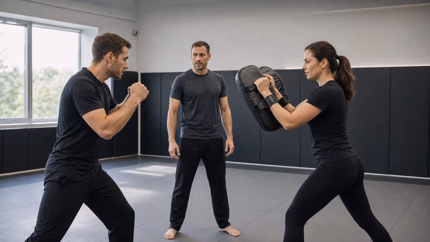 A Krav Maga class practices careful pad holding with an instructor supervising distance and stance.
