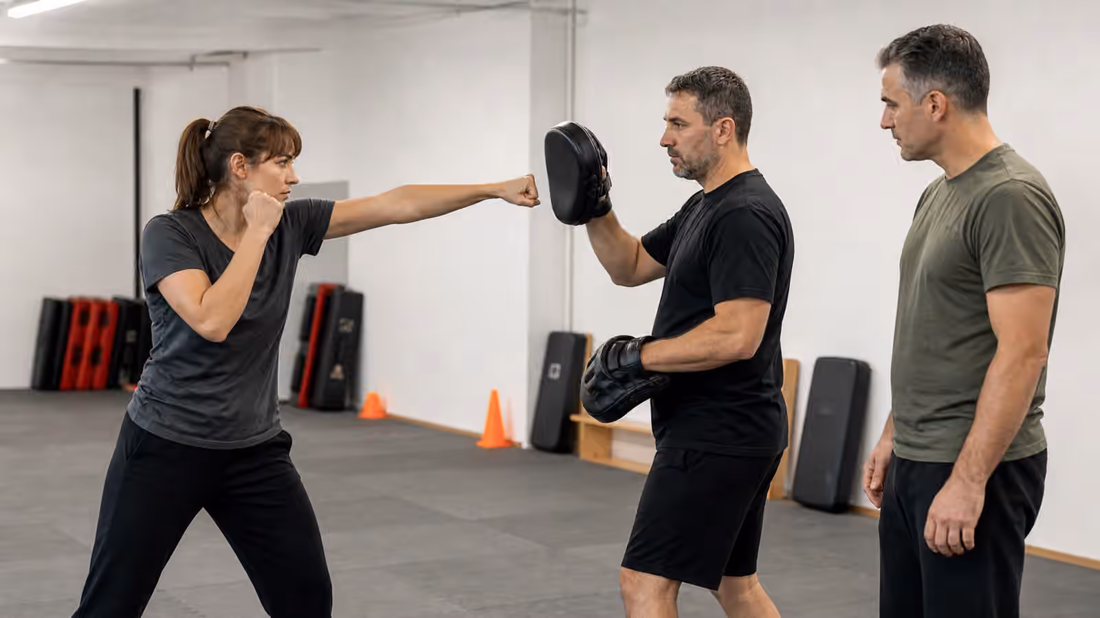 Adult Krav Maga students practicing controlled palm strikes and straight punches into focus mitts while an instructor watches stance and recovery.