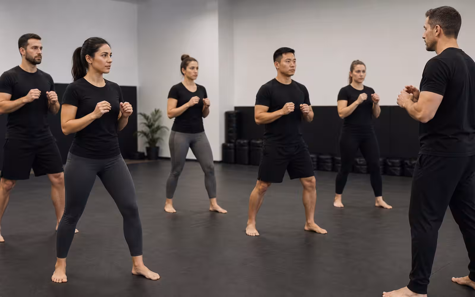 A beginner Krav Maga class practicing neutral stance and calm movement on a clean training floor.