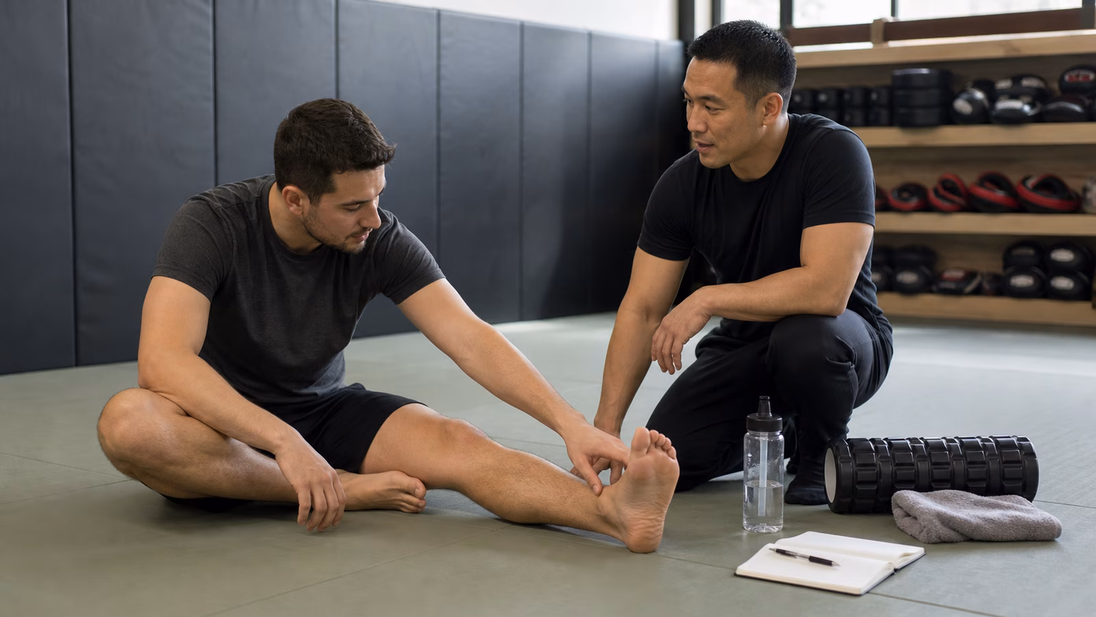 A Krav Maga instructor calmly checking in with an adult beginner stretching after class in a clean training studio.