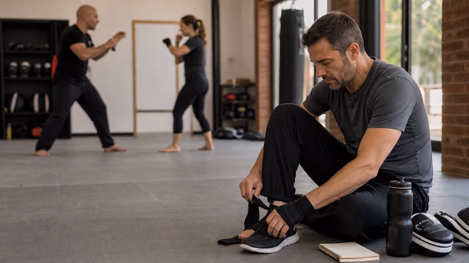 A Krav Maga student tying training shoes before class while partners warm up calmly in the background.
