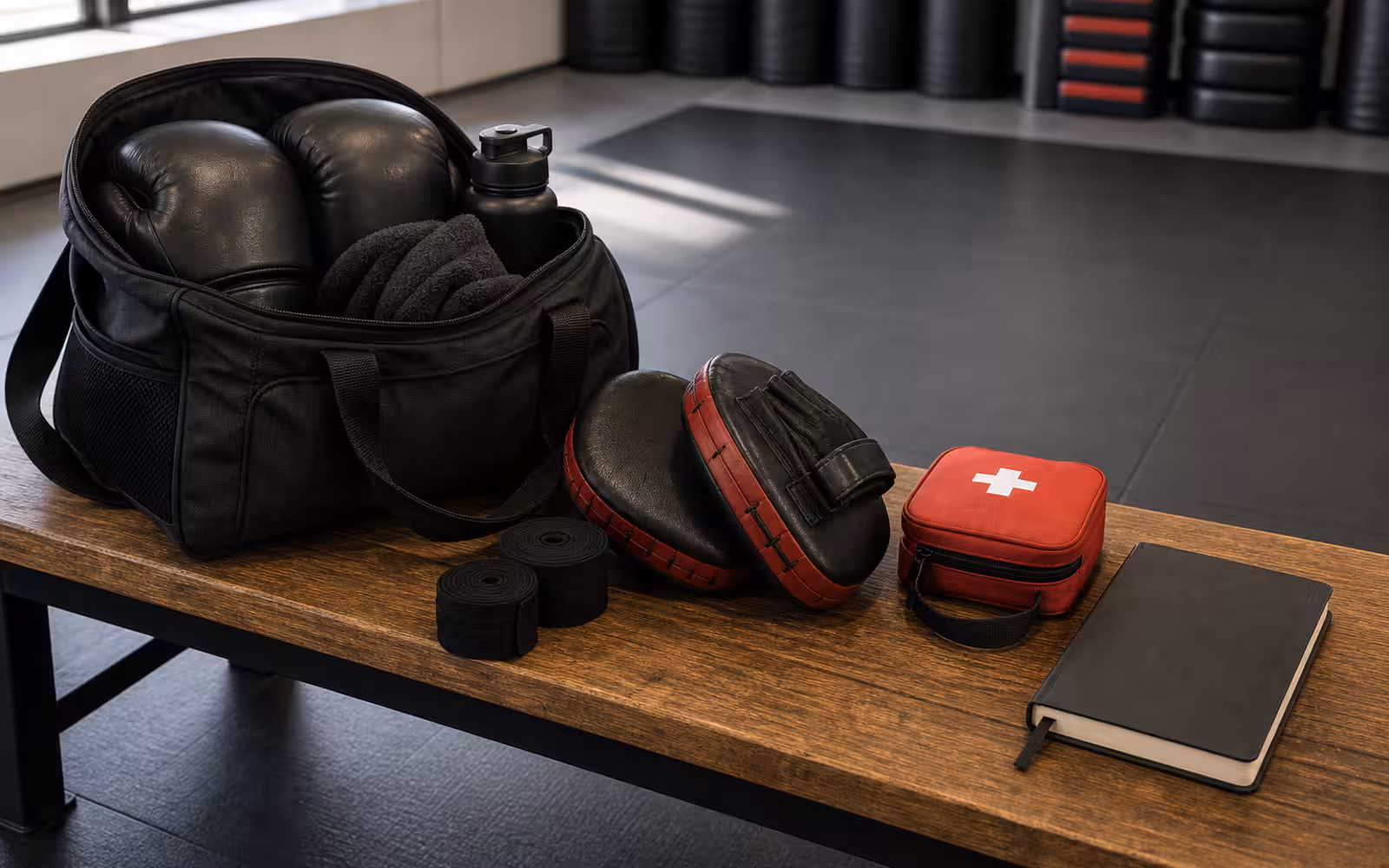 A Krav Maga safety training bag with gloves, wraps, first-aid kit, water, soft training pads, and a class notebook on a studio bench