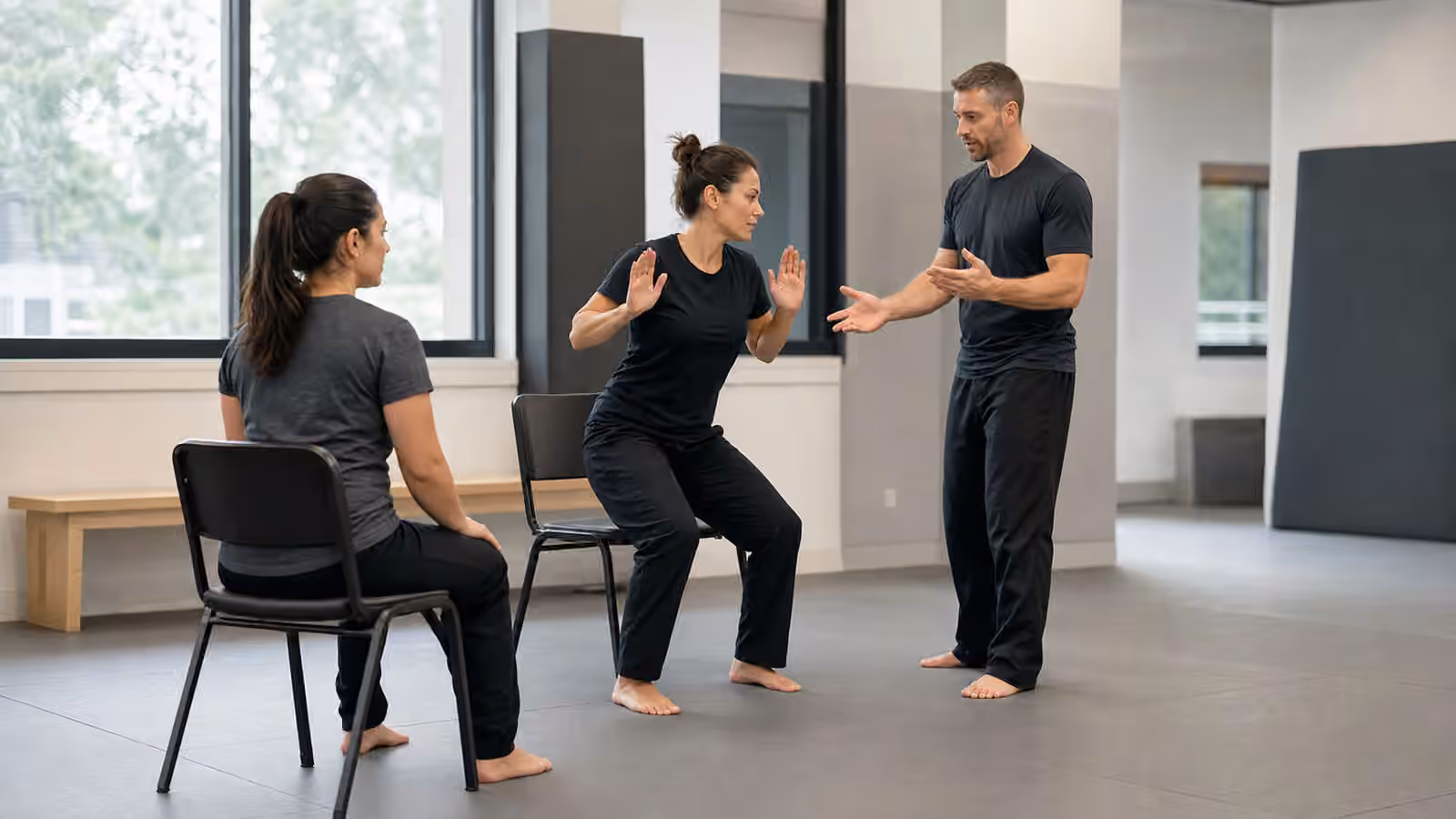 A Krav Maga instructor coaching seated-position awareness with chairs and a clear exit lane in a clean studio.