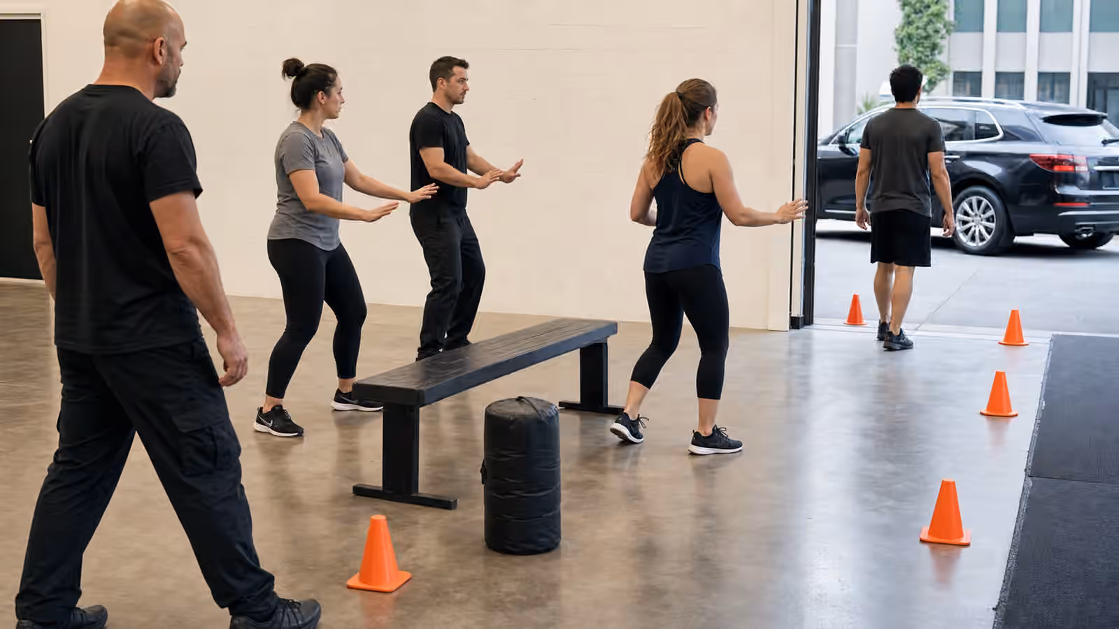 Adult Krav Maga students with different body sizes practice a controlled open-hand spacing drill while an instructor observes.