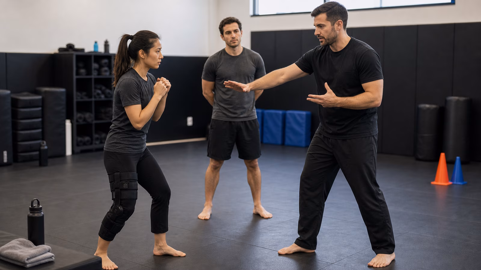 A Krav Maga instructor calmly showing an adult beginner a low-impact modified spacing drill in a clean training studio.