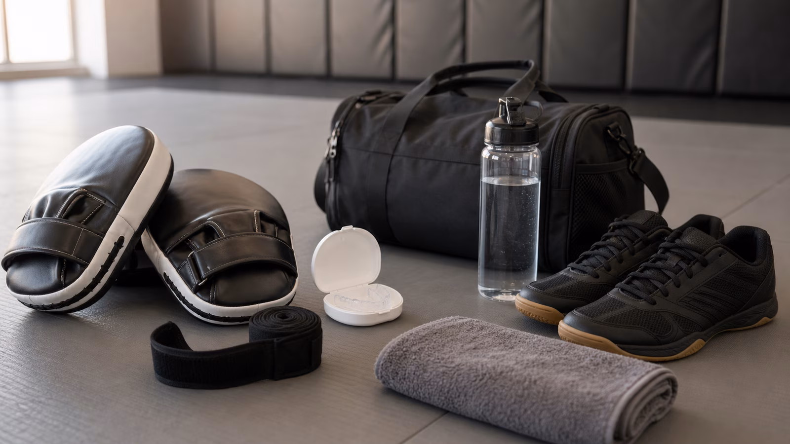 Beginner Krav Maga training gear arranged neatly on a clean studio floor before class.