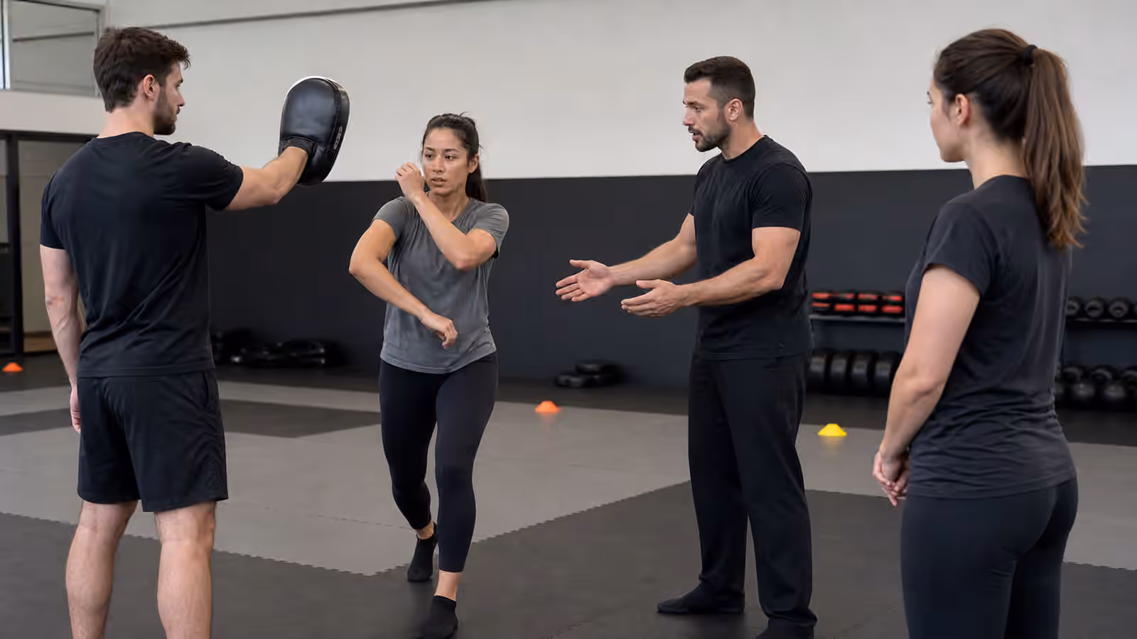 A Krav Maga class drill with a feeder, defender, observer, and coach spaced safely on a clean training floor.