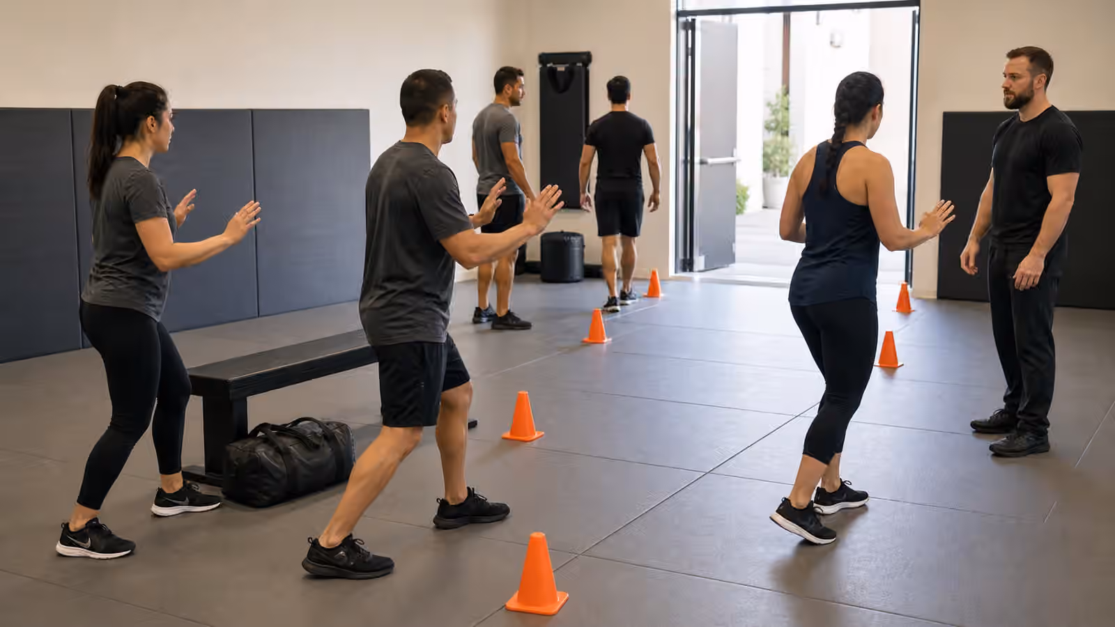 Adult Krav Maga students practice a calm public-transit awareness drill with cones, a bench, a training bag, and an open exit lane.