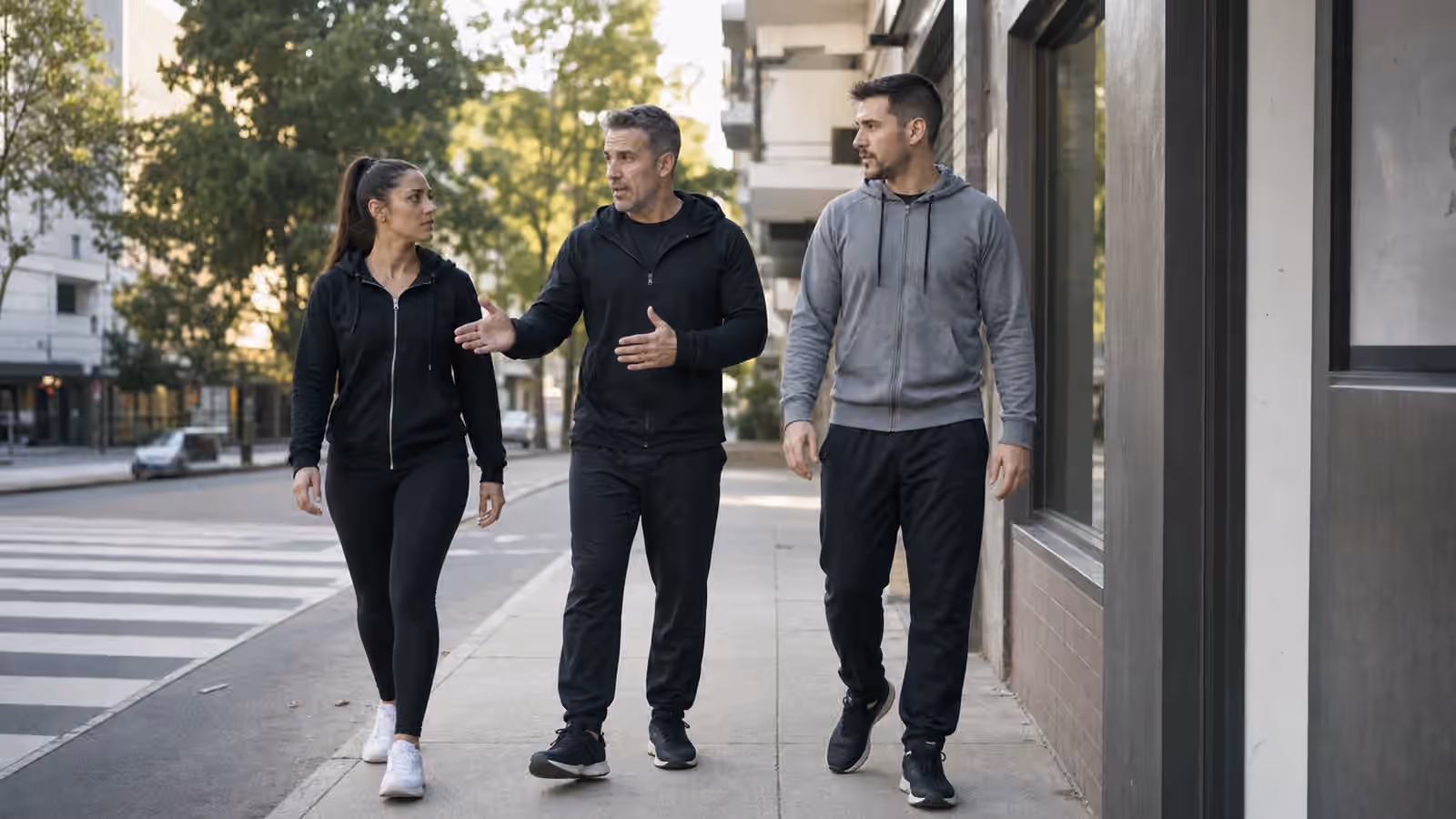 A Krav Maga instructor coaching two students on a quiet sidewalk with clear spacing and an open route.