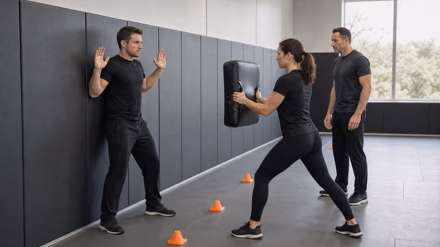 Krav Maga students practice a controlled wall-pressure exit drill with cones and an instructor nearby.