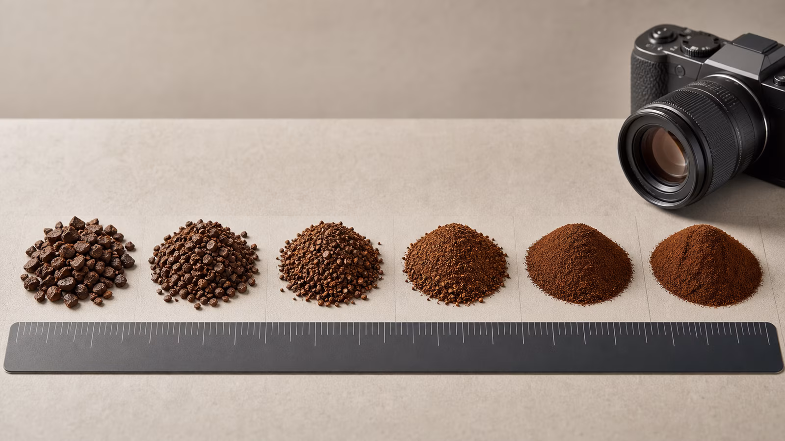Coffee grind samples arranged from coarse to fine with a camera and ruler shapes.