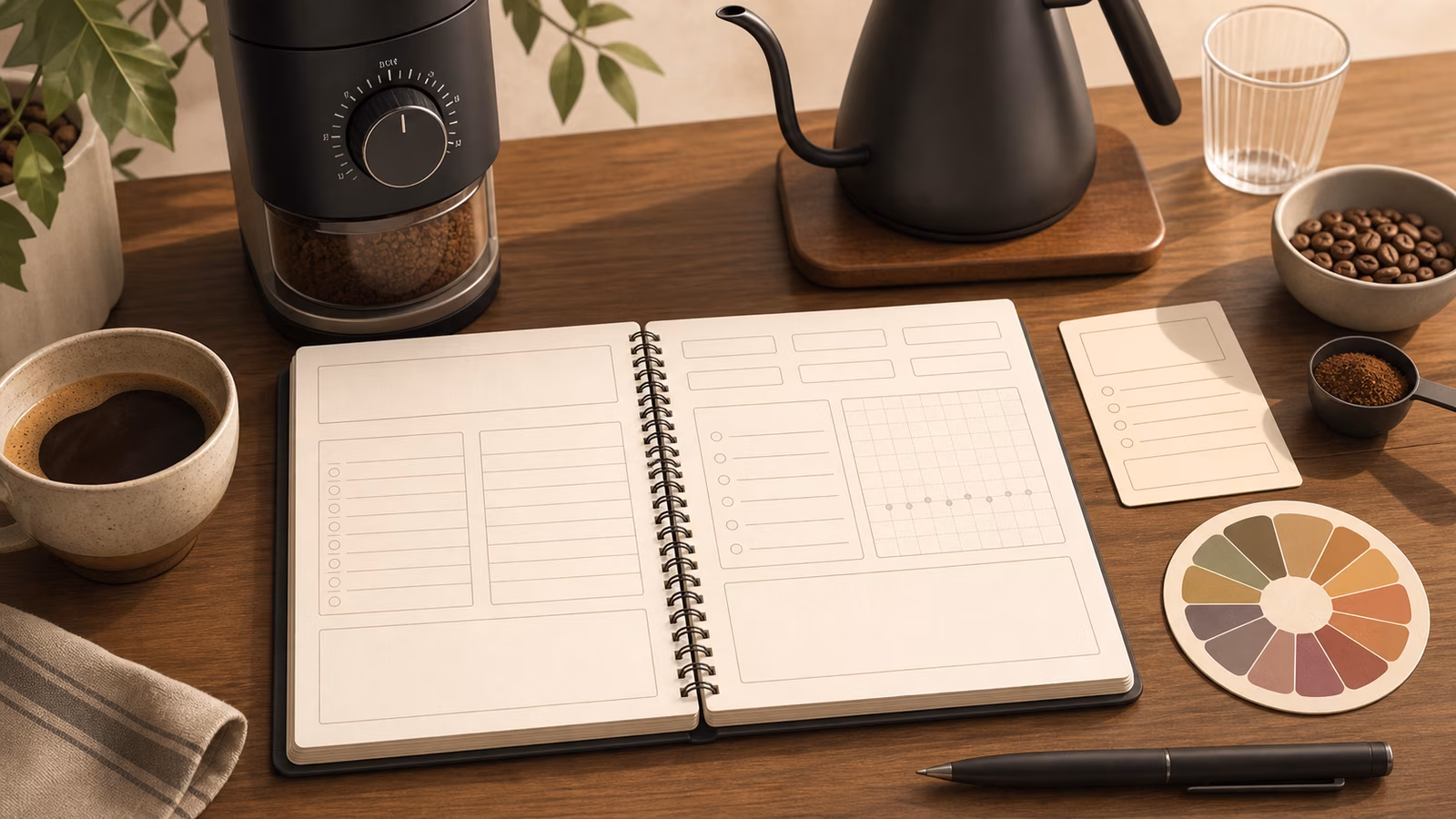 Coffee notebook with cup, grinder dial, timer, dose card, and taste note shapes.