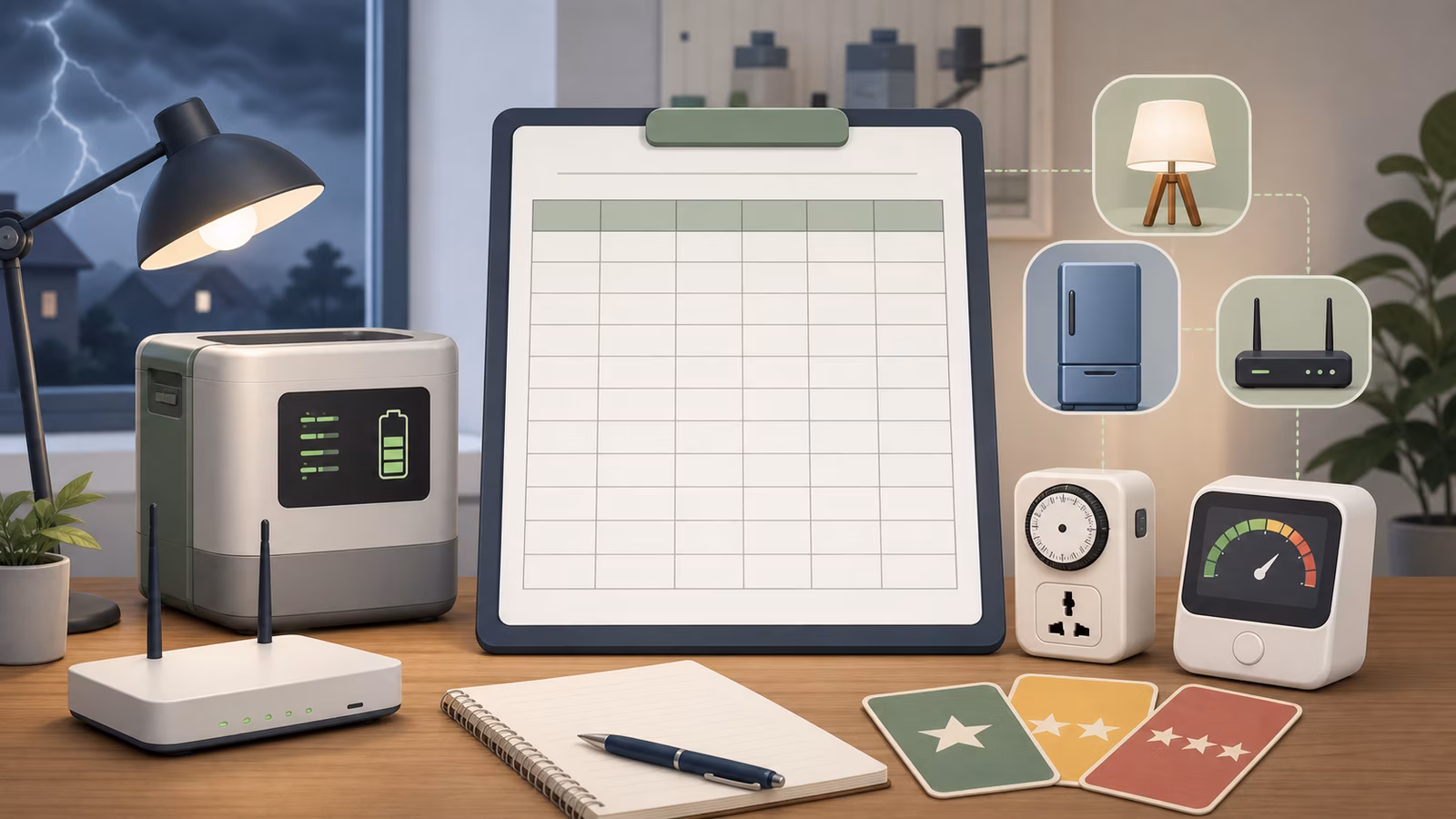 Backup power log with home battery, router, lamp, refrigerator, timer, and watt meter shapes.
