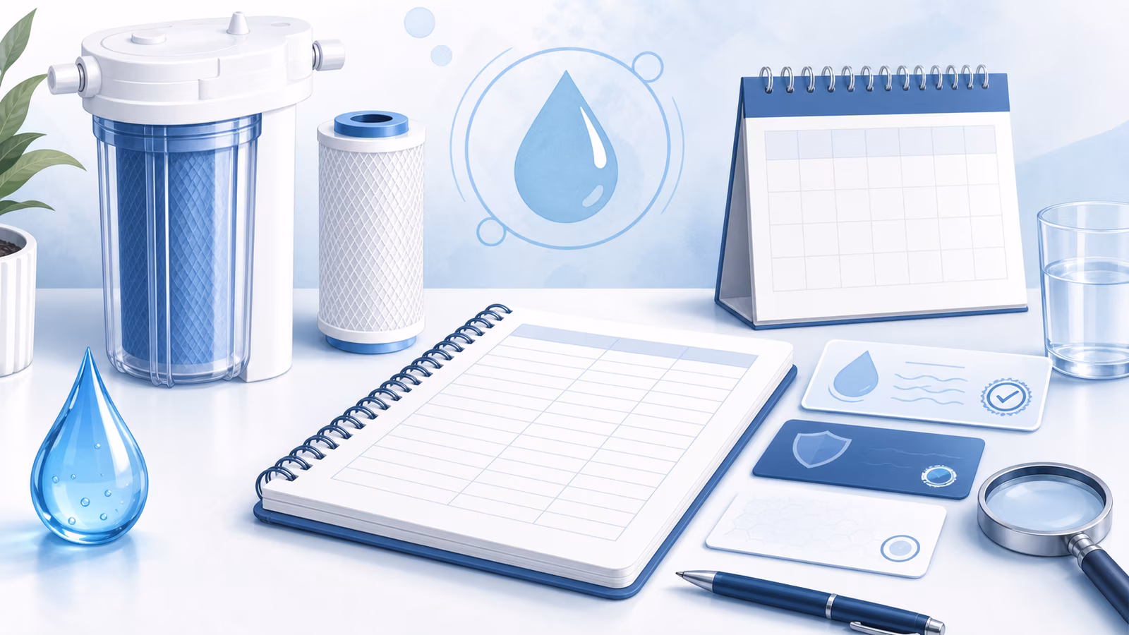 Water filter log sheet with droplet, cartridge, calendar, certification card, and magnifying glass.