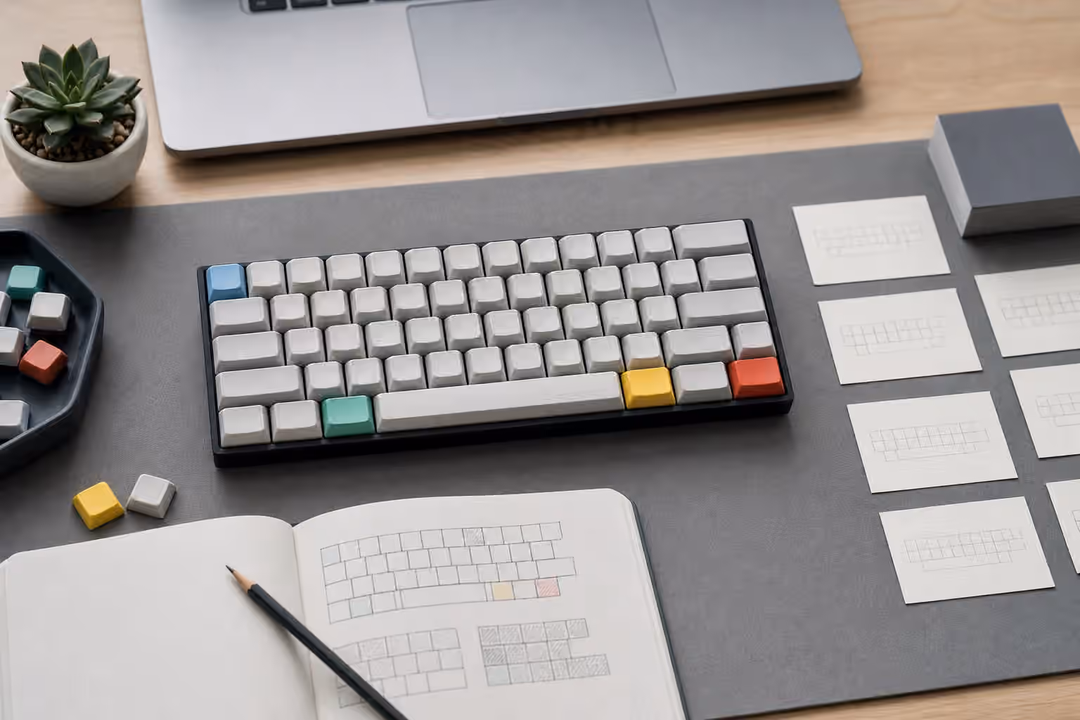 Compact mechanical keyboard with blank layer cards, accent keys, notebook diagrams, and a pencil.