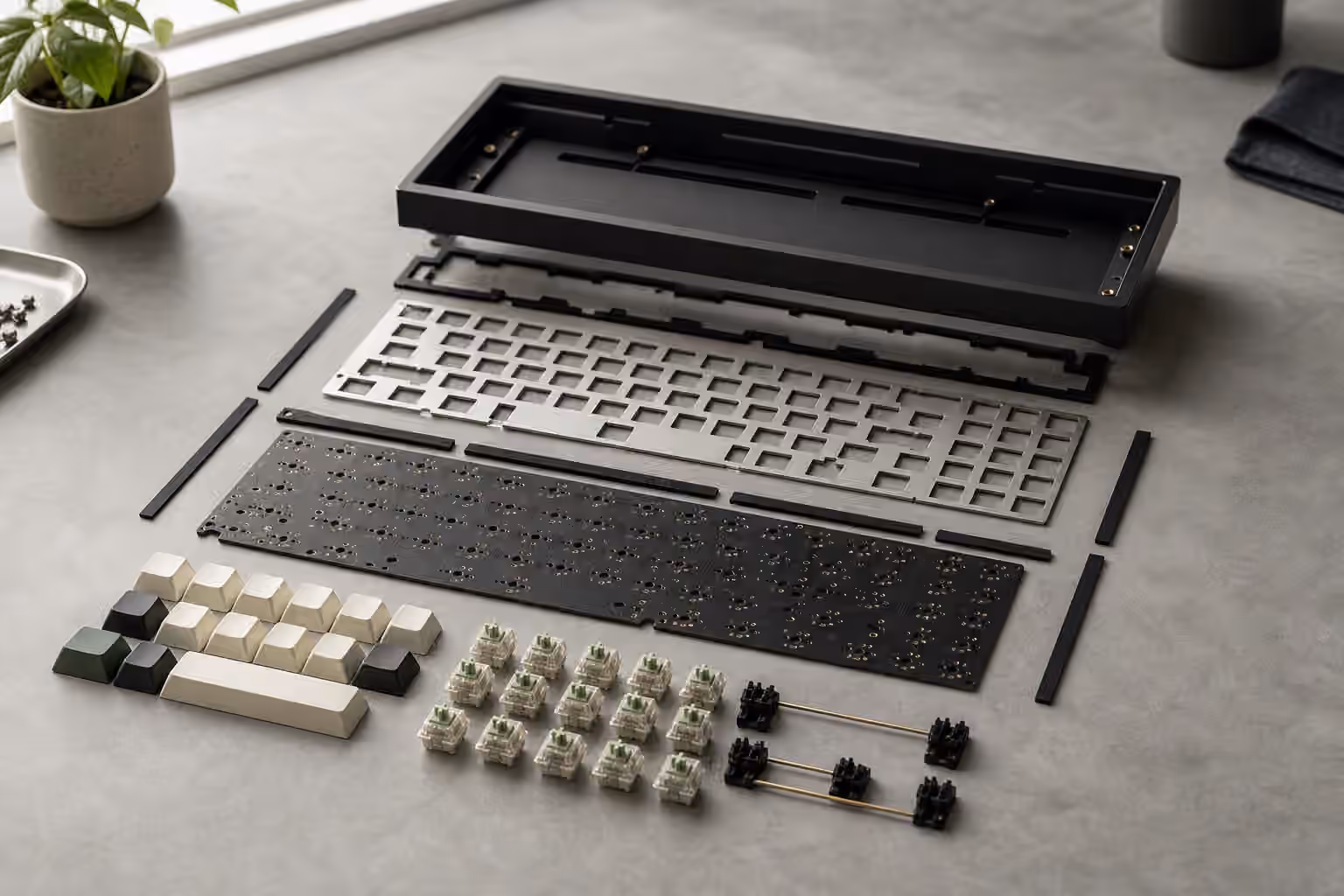 Exploded mechanical keyboard build with case, plate, PCB, gaskets, switches, and keycaps.