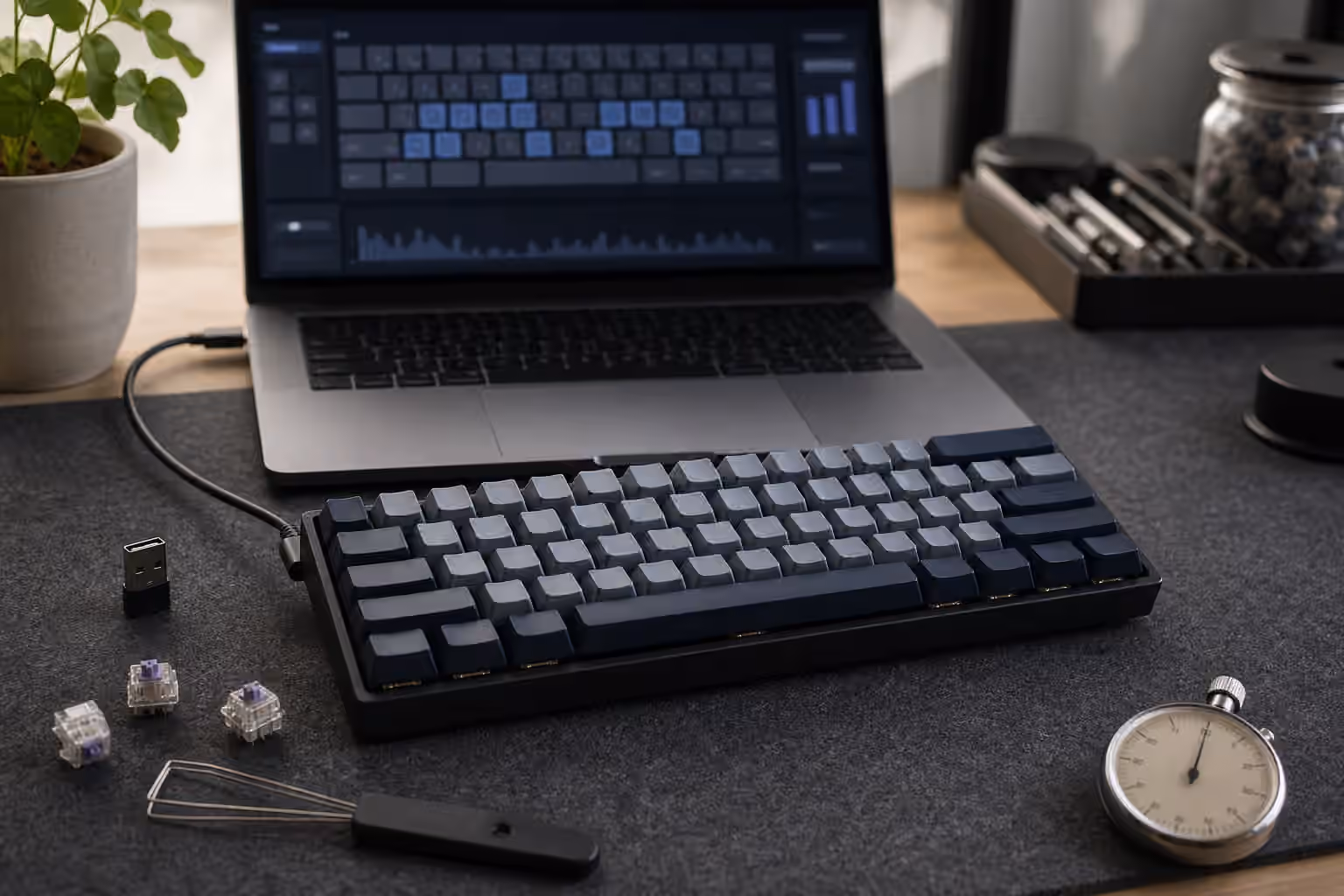 Compact mechanical keyboard connected to a laptop for input testing.