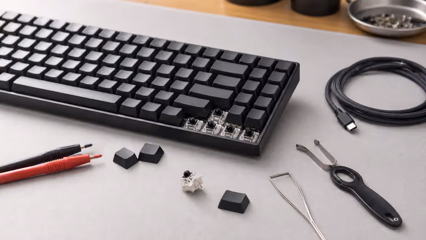 Mechanical keyboard on a workbench with exposed switches, pullers, a cable, and diagnostic probes.