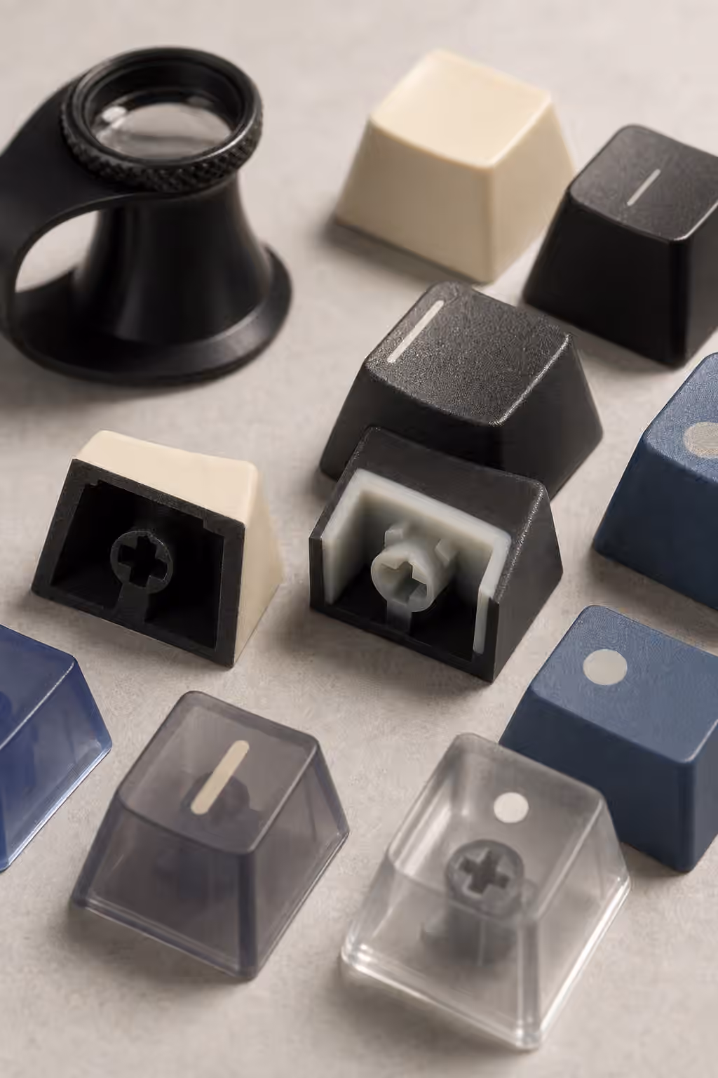Keycap manufacturing samples with loose caps, cross sections, translucent samples, and an inspection loupe.