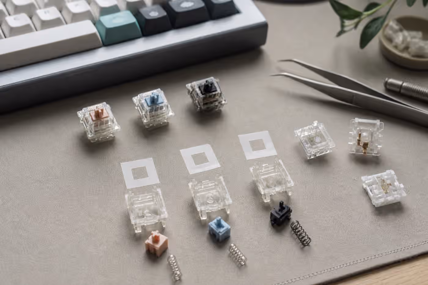 Opened mechanical keyboard switches, thin switch films, springs, stems, and tweezers arranged on a workbench.