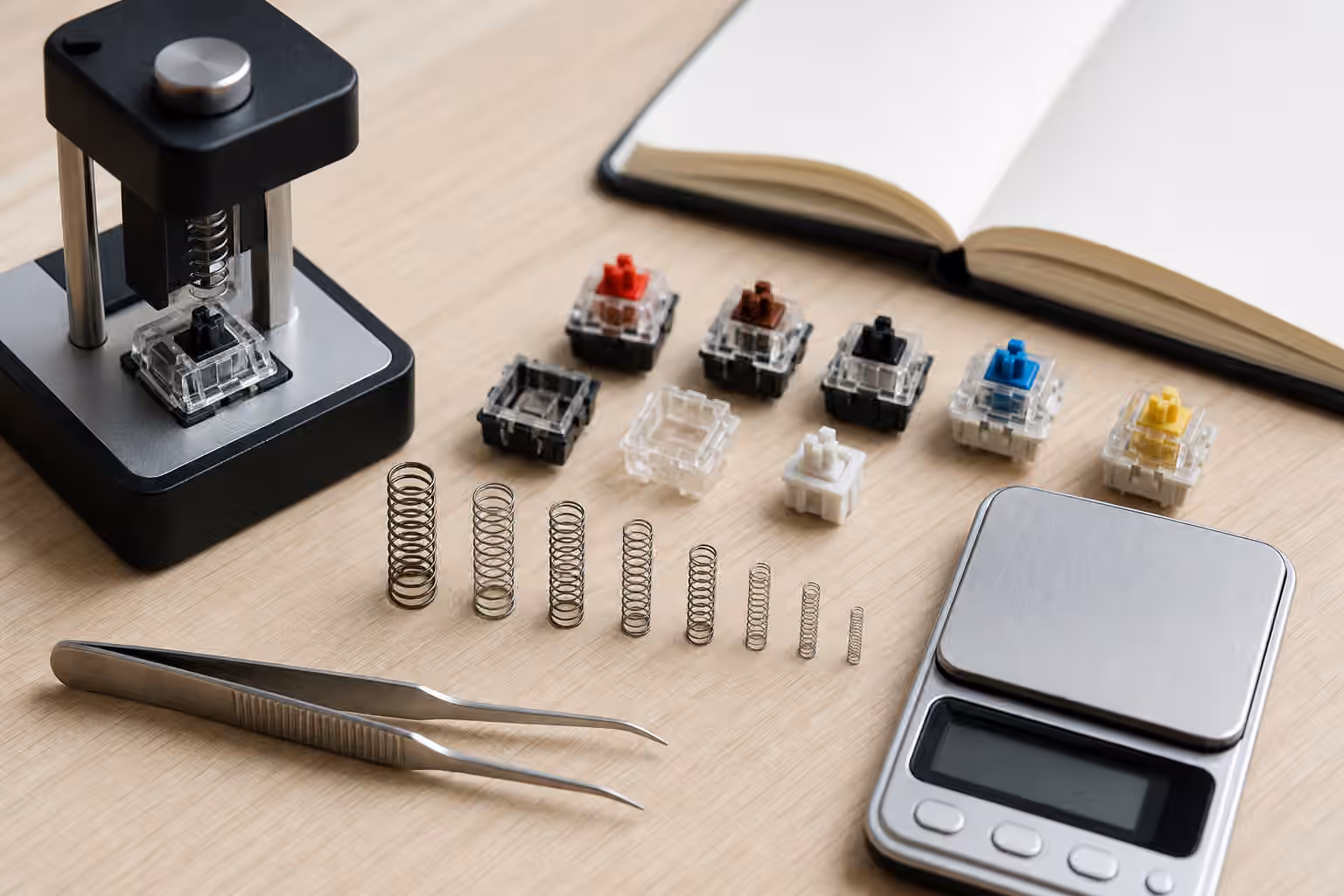 Opened keyboard switches with loose springs, tweezers, a switch tester, and a small scale.