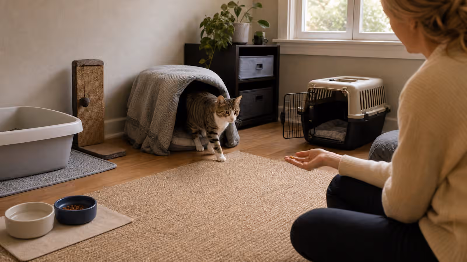 An adopted adult cat calmly emerging from a hideaway in a quiet home-base room with litter, scratching, food, water, and an open carrier.