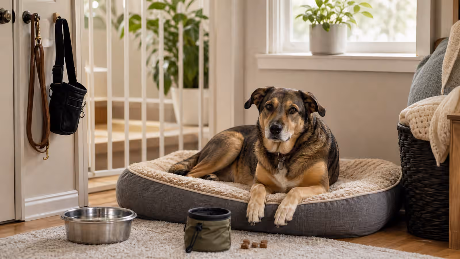 An adopted adult dog resting calmly near a bed, water bowl, leash, baby gate, and treat pouch in a quiet home corner.