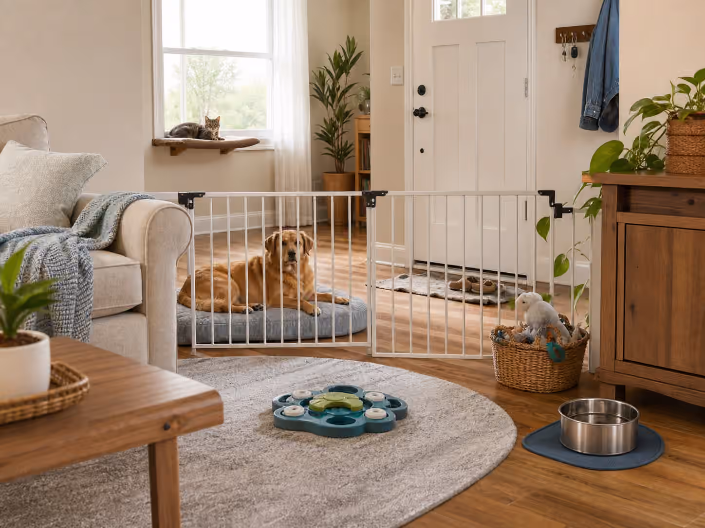 A calm dog resting behind a pet gate while a cat sits on a window perch near an entryway.