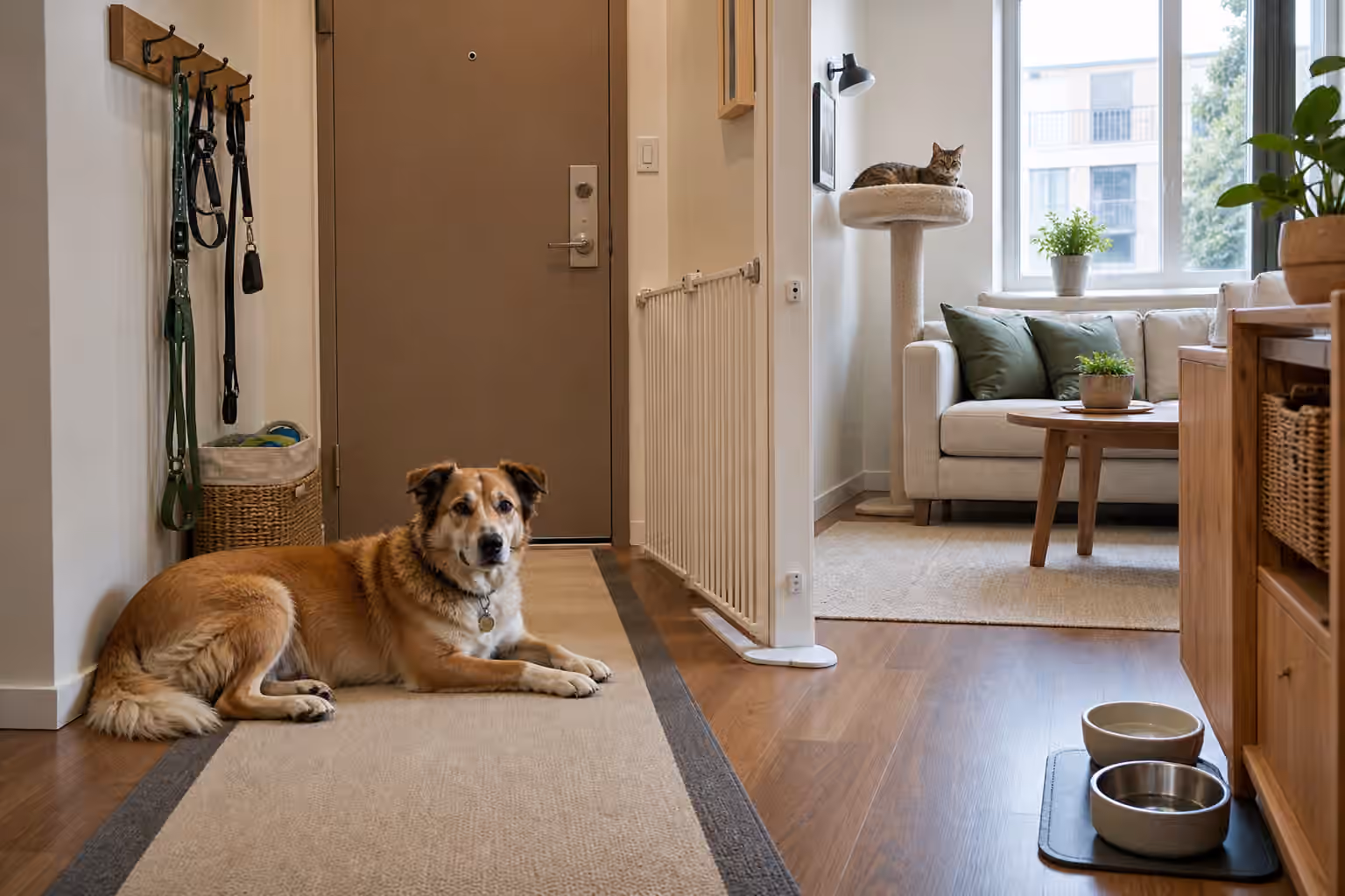 A compact apartment pet setup with a dog resting by the entry, a cat on a perch, a gate, bowls, leash hooks, and storage baskets.