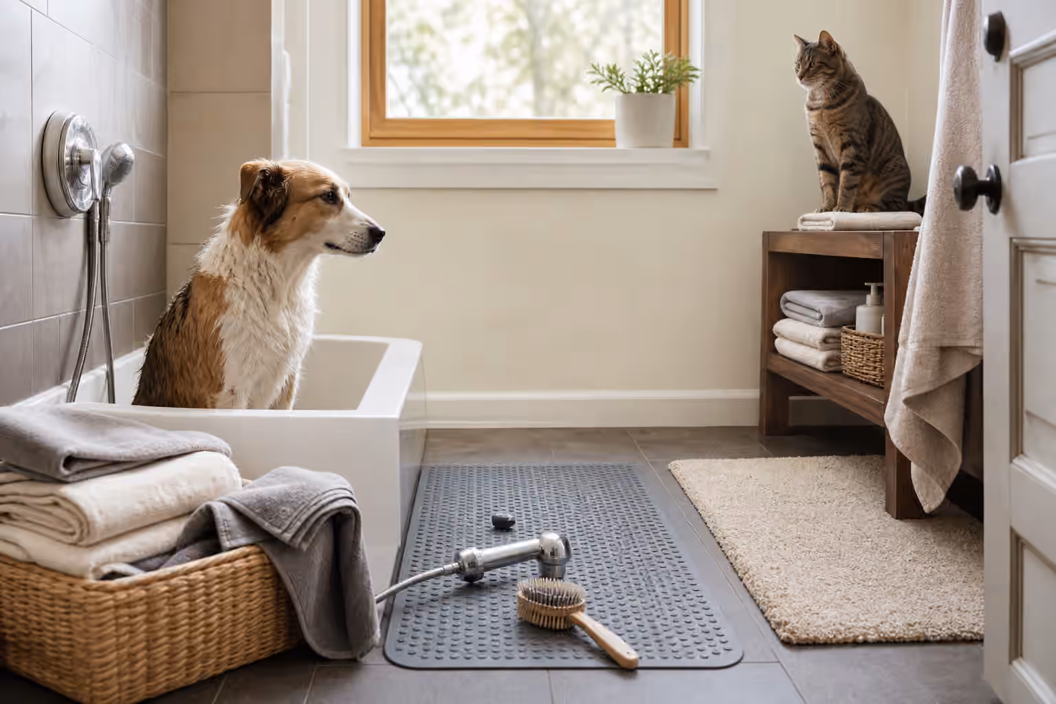 A calm dog near a prepared bath area with towels, a non-slip mat, brush, and a cat watching from a dry perch.