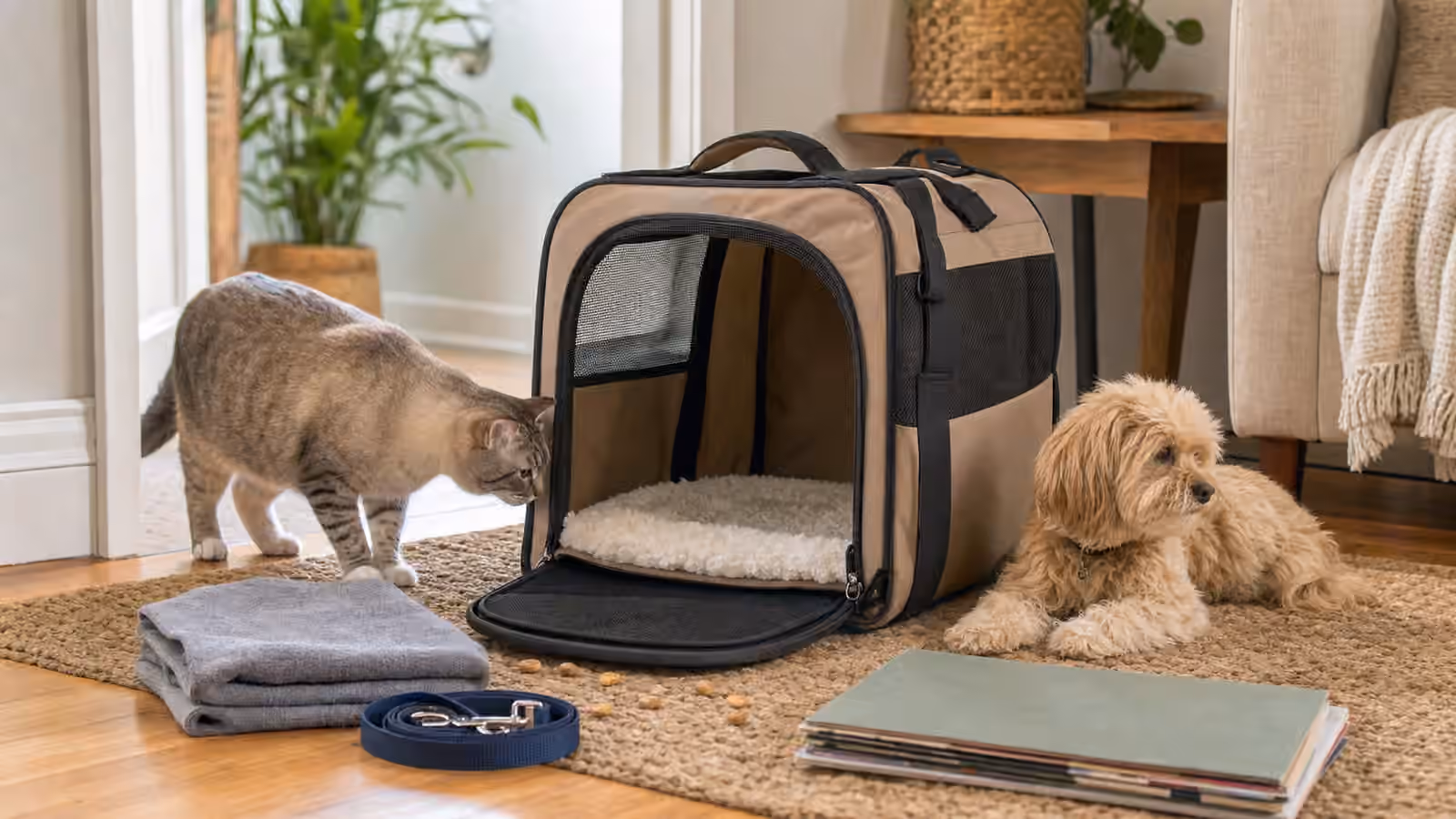 An open pet carrier with bedding, treats, a towel, leash, calm cat, and small dog in a quiet home corner.