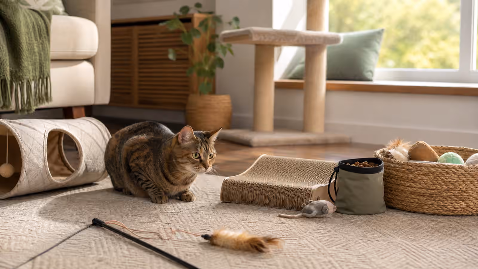 A cat crouching near a wand toy, tunnel, scratcher, treat pouch, and toy basket in a calm living room.