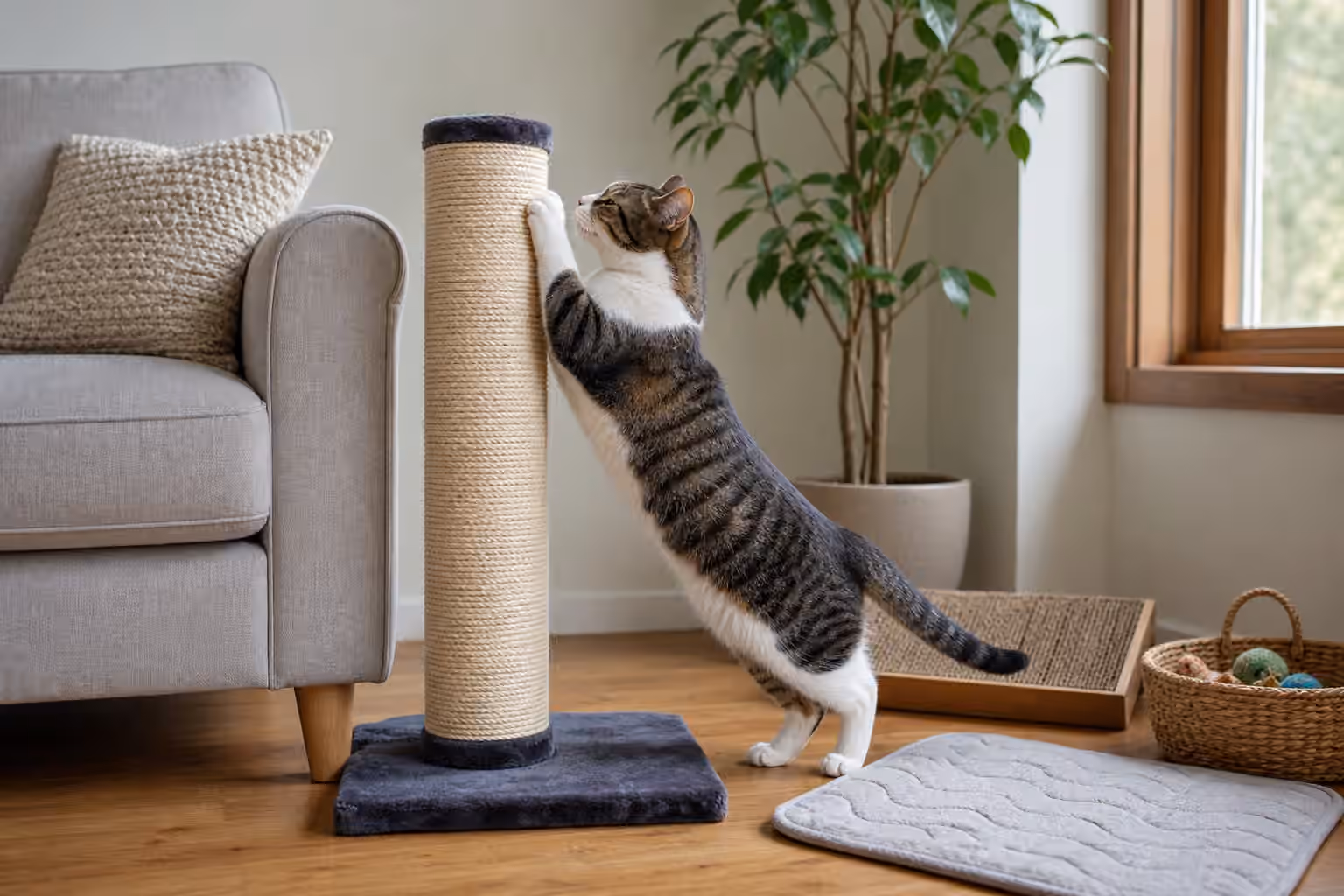A relaxed cat stretching on a sturdy scratching post beside an intact fabric sofa.