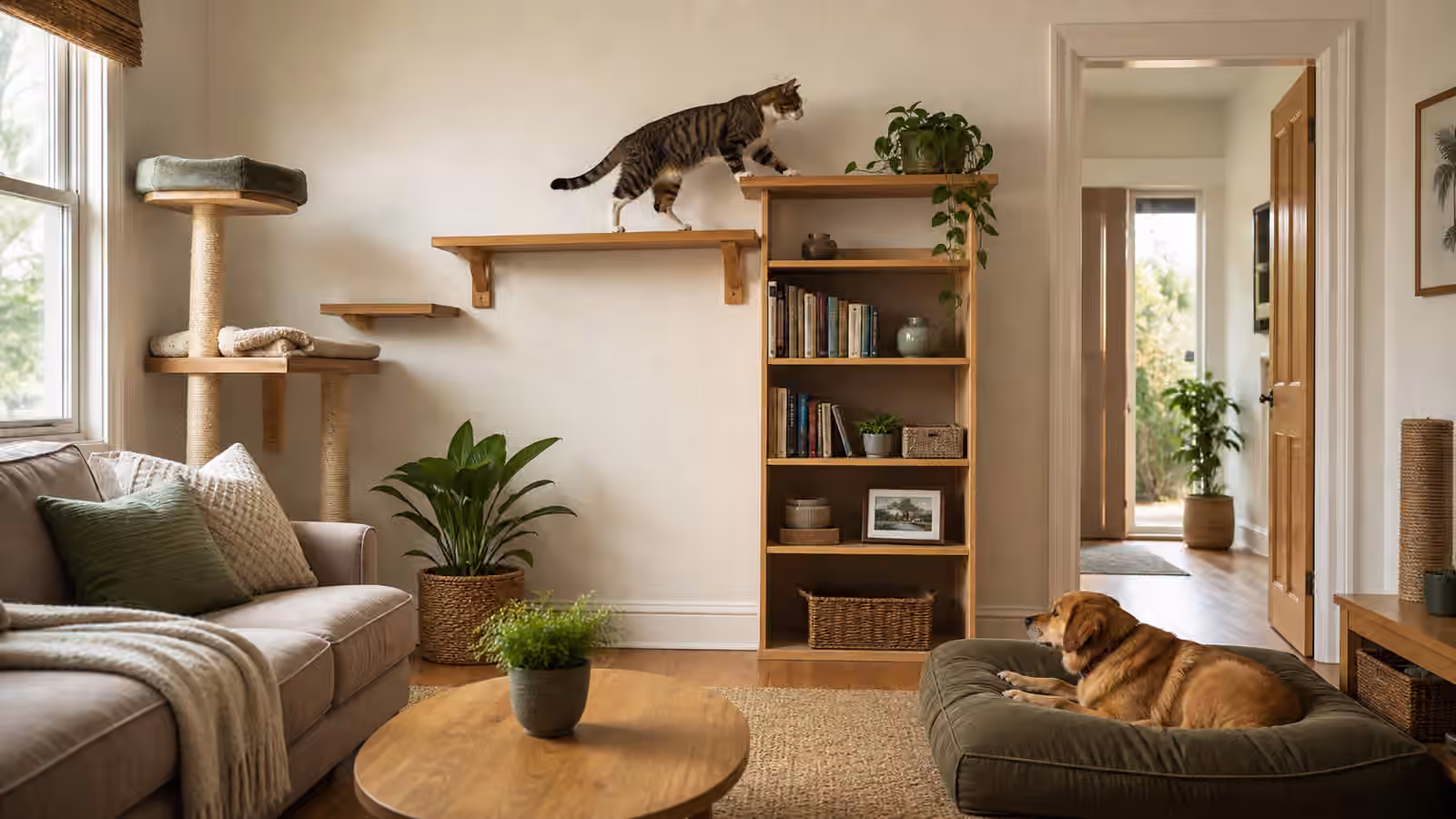 A cat moving along a stable perch route while a calm dog rests on a floor bed at a respectful distance.
