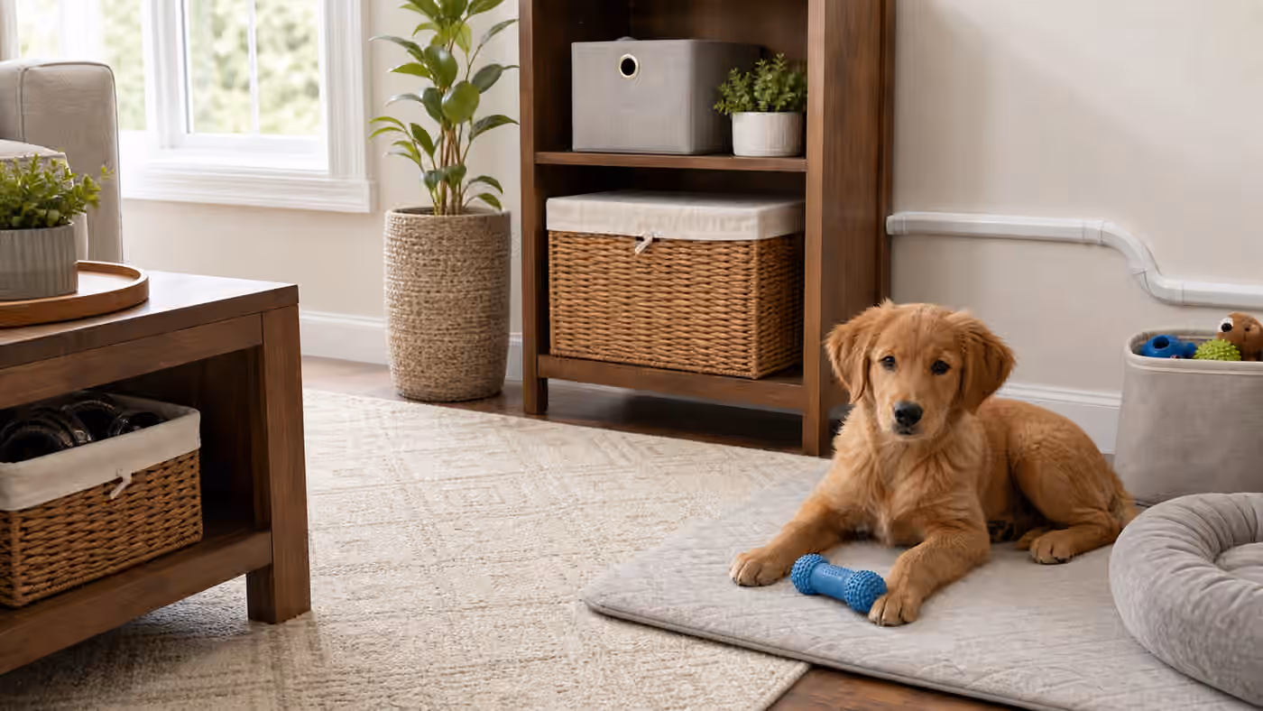 A young dog resting on a mat with a chew toy while household objects are stored in baskets and cord covers protect the wall.