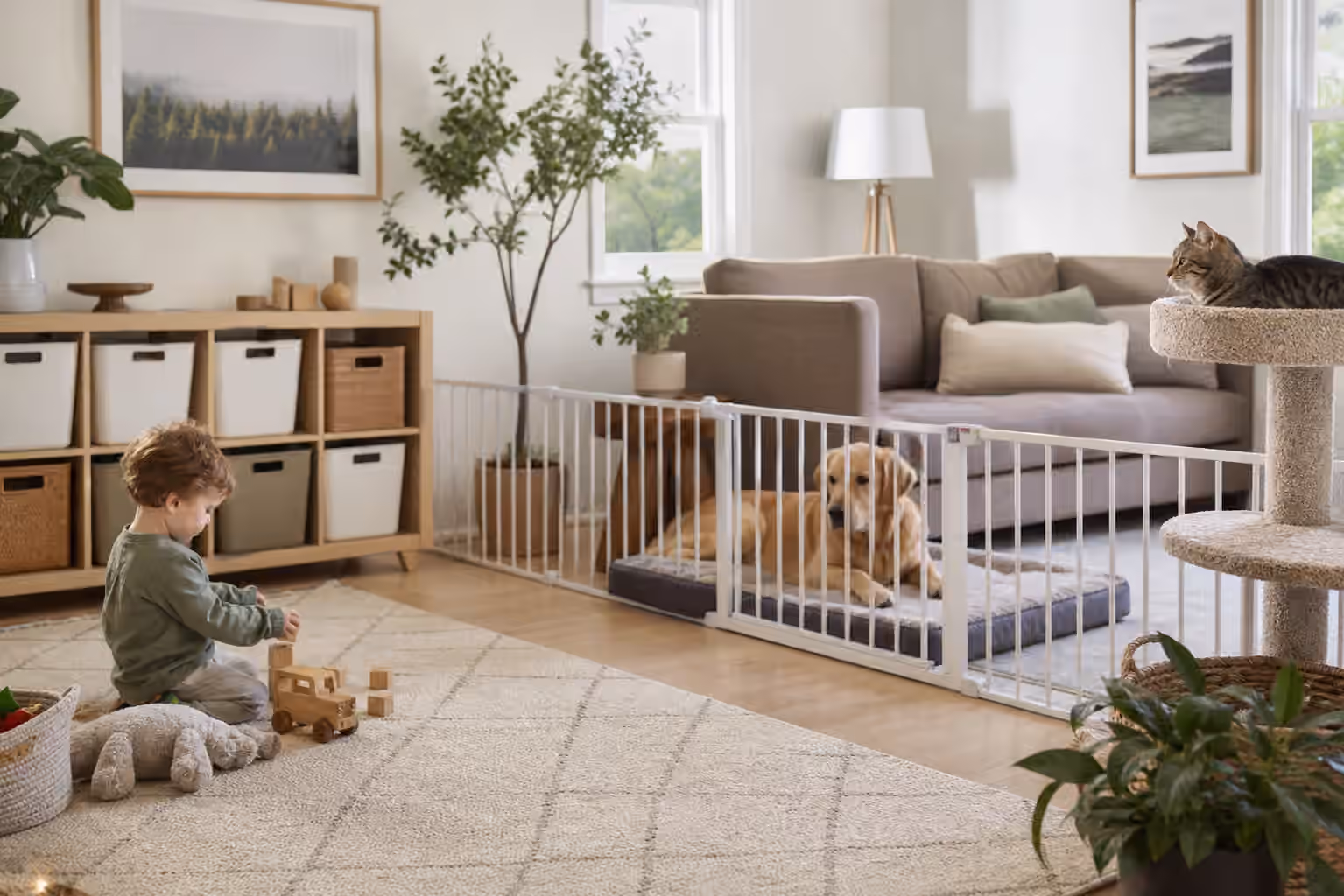 A child play area separated from a calm dog and cat by a pet gate in a living room.