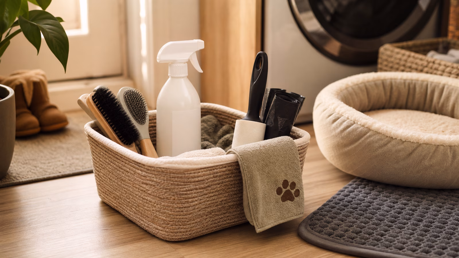 A pet cleaning basket with brushes, enzymatic cleaner, towels, washable bedding, lint roller, and litter mat.