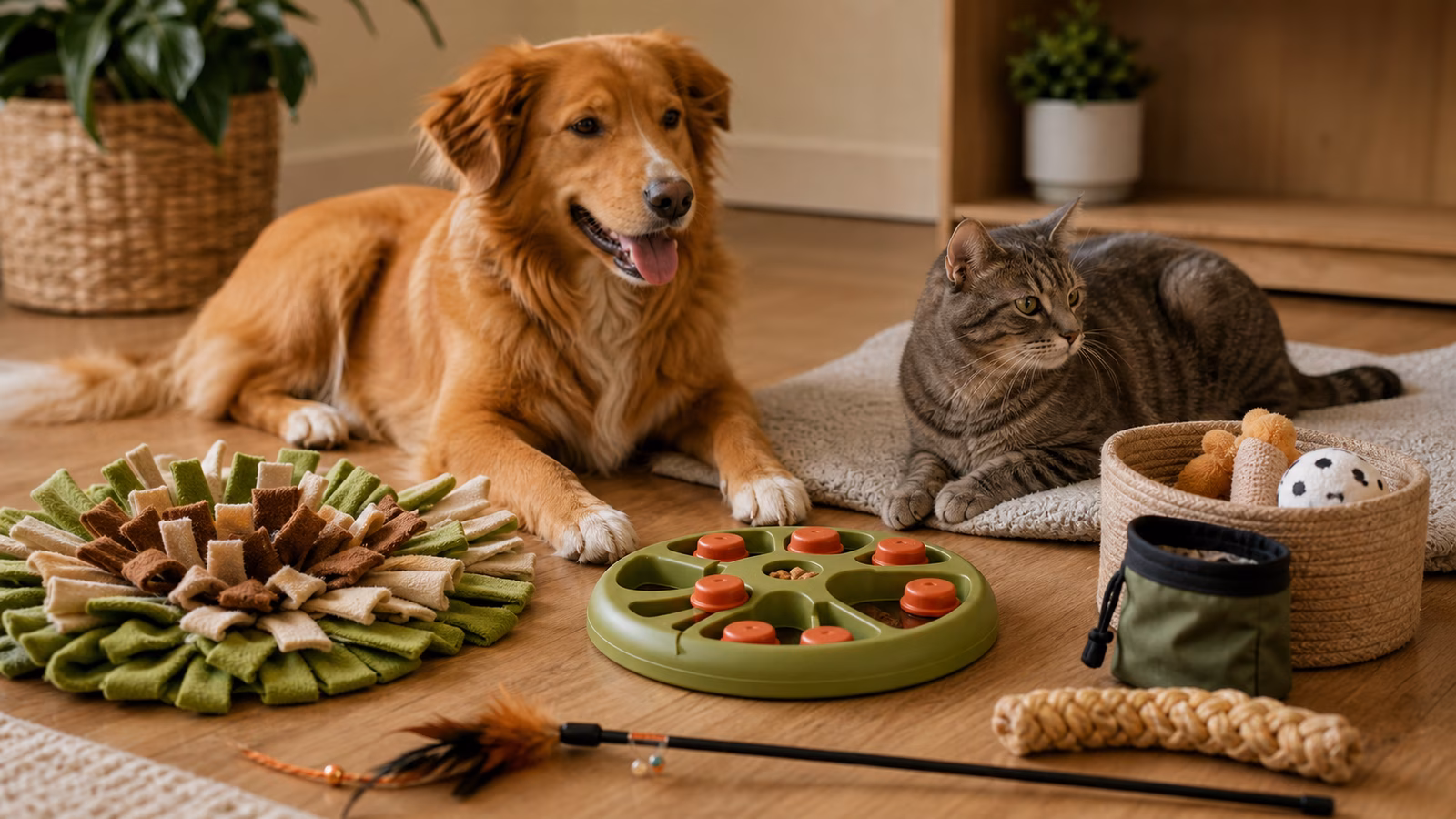 Dog and cat enrichment toys arranged with a snuffle mat, puzzle feeder, wand toy, chew, and treat pouch.