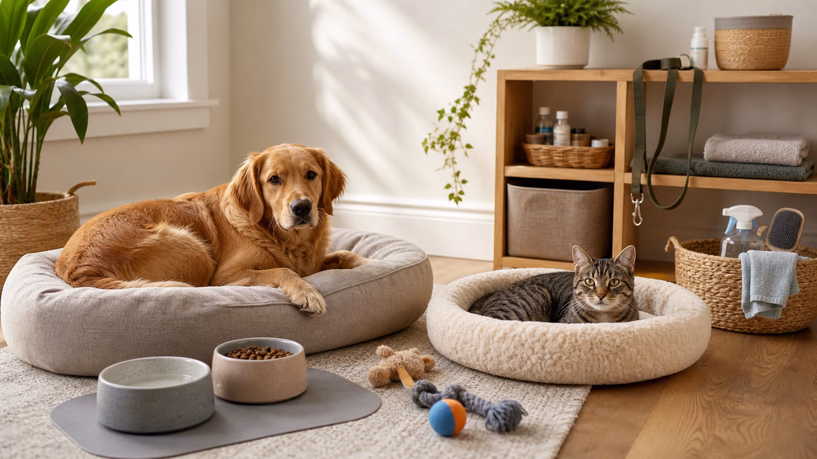 A calm dog and cat home setup with beds, bowls, toys, cleaning storage, and everyday pet gear