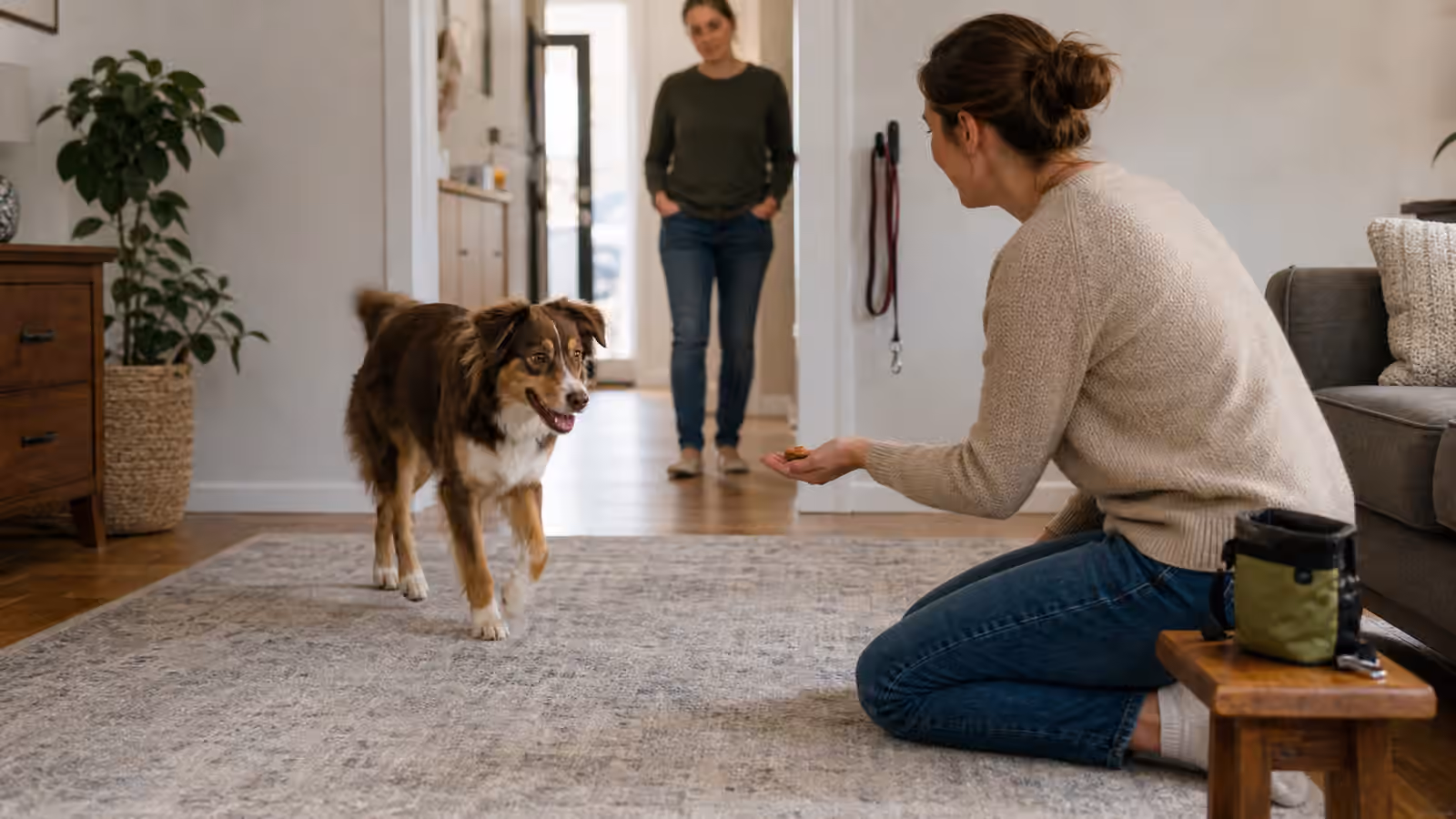 A dog trotting toward a person practicing name response in a calm living room with a hallway and treat pouch nearby.