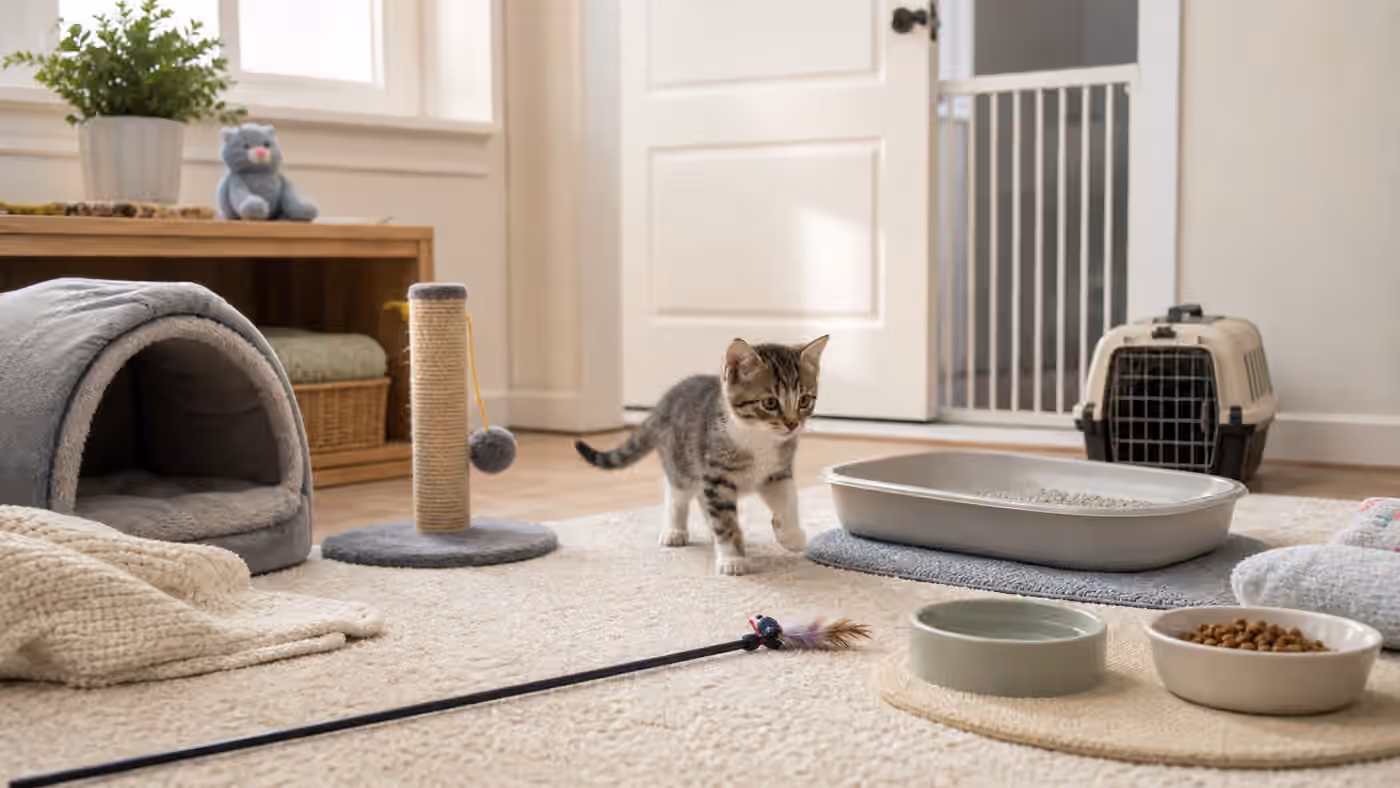 A kitten first-week setup with a shallow litter box, scratching post, hiding bed, bowls, wand toy, carrier, and baby gate.