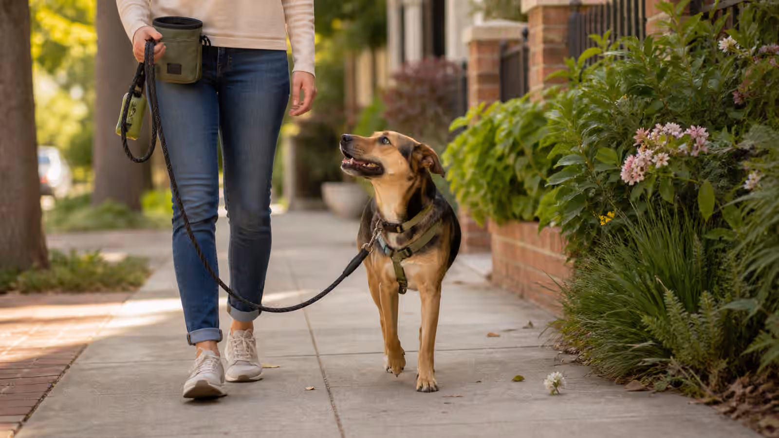 A relaxed dog walking beside a handler on a loose leash with a harness, treat pouch, and quiet sidewalk.