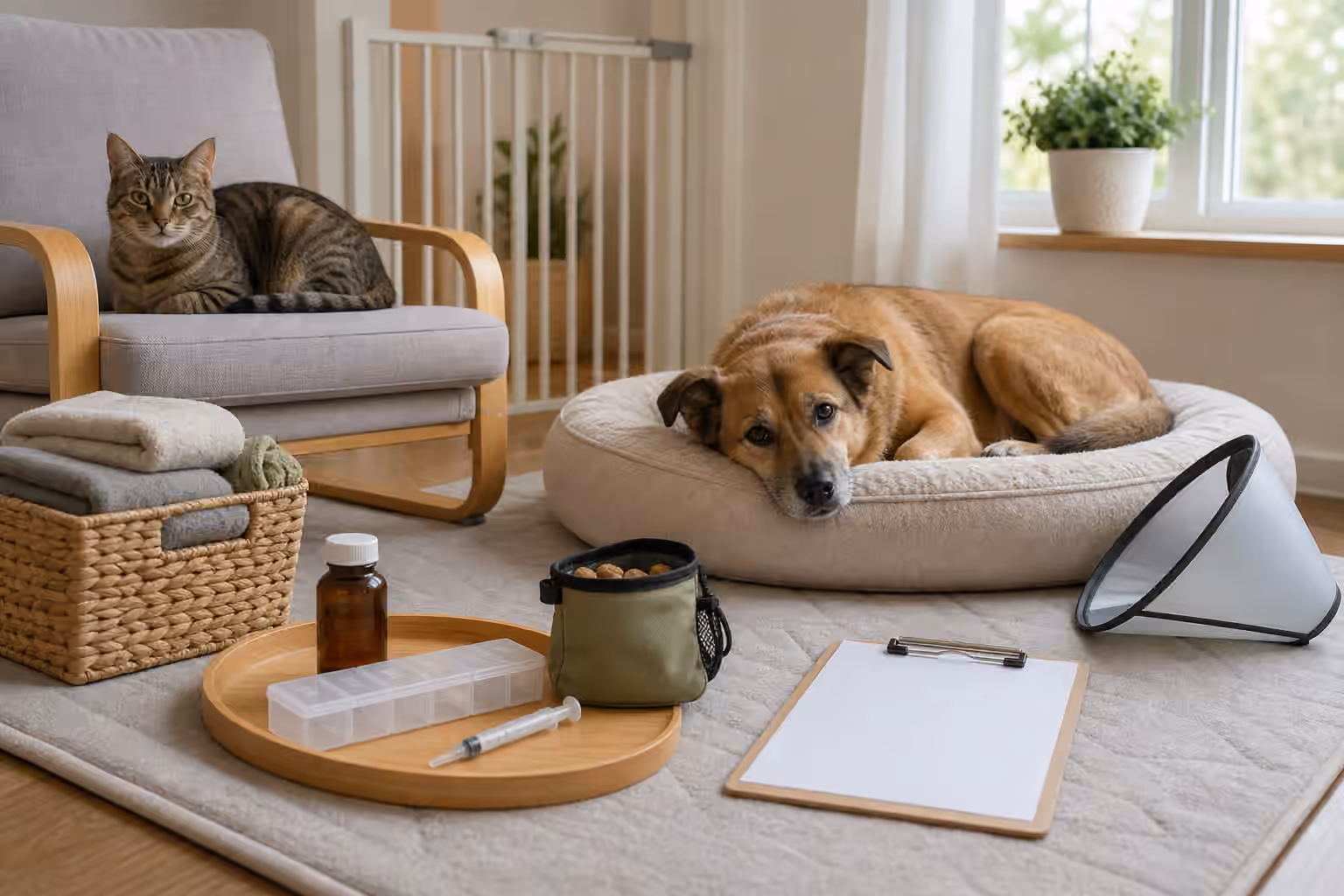 A calm dog and cat near a recovery bed, towels, water bowl, unlabeled medicine bottle, oral syringe, and soft cone.