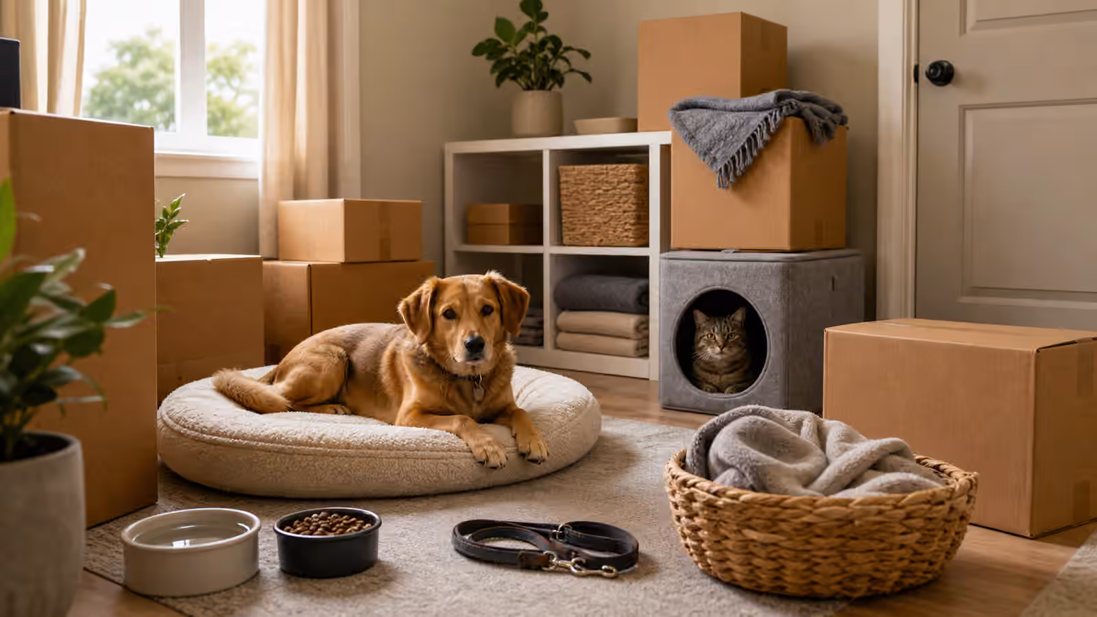 A calm dog and cat resting near moving boxes, familiar bedding, bowls, and a pet home base.