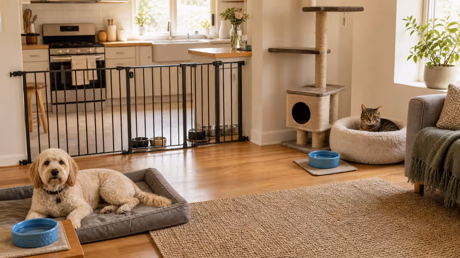 A calm multi-pet home with separated beds, bowls, a baby gate, and cat vertical space.