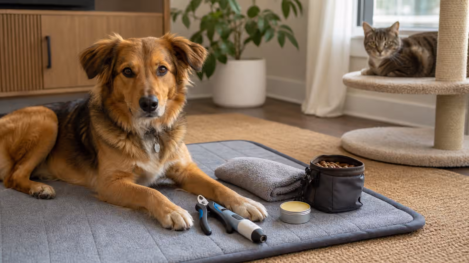 A calm dog on a washable mat near nail clippers, a grinder, towel, treats, and a cat perch.