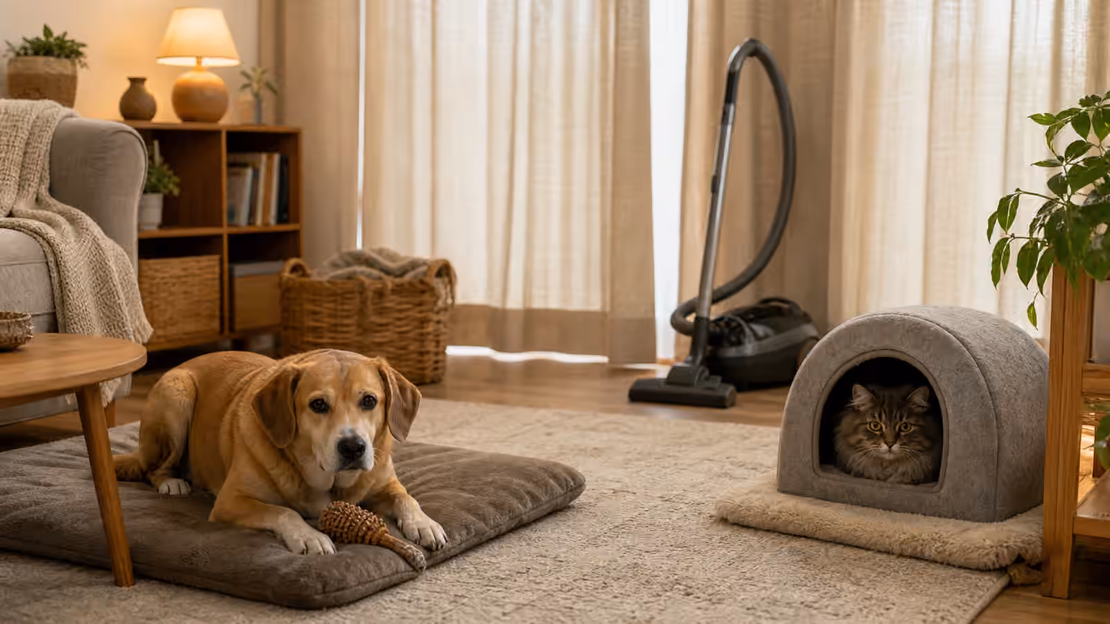 A calm dog on a mat and a cat in a hideaway while a vacuum rests at a distance in a quiet living room.
