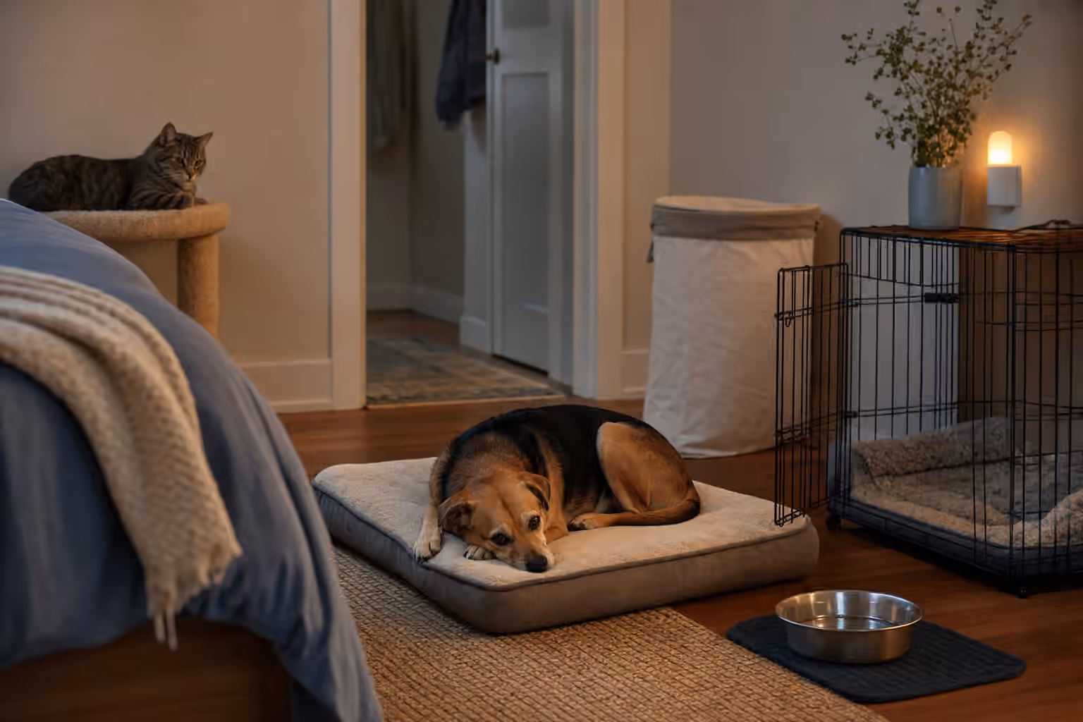 A calm bedtime setup with a dog bed, open crate, water bowl, nightlight, and cat perch in a quiet room.